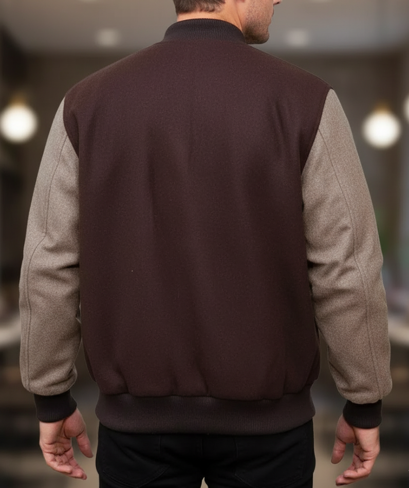 Men's Brown Wool Varsity Jacket - Image 2