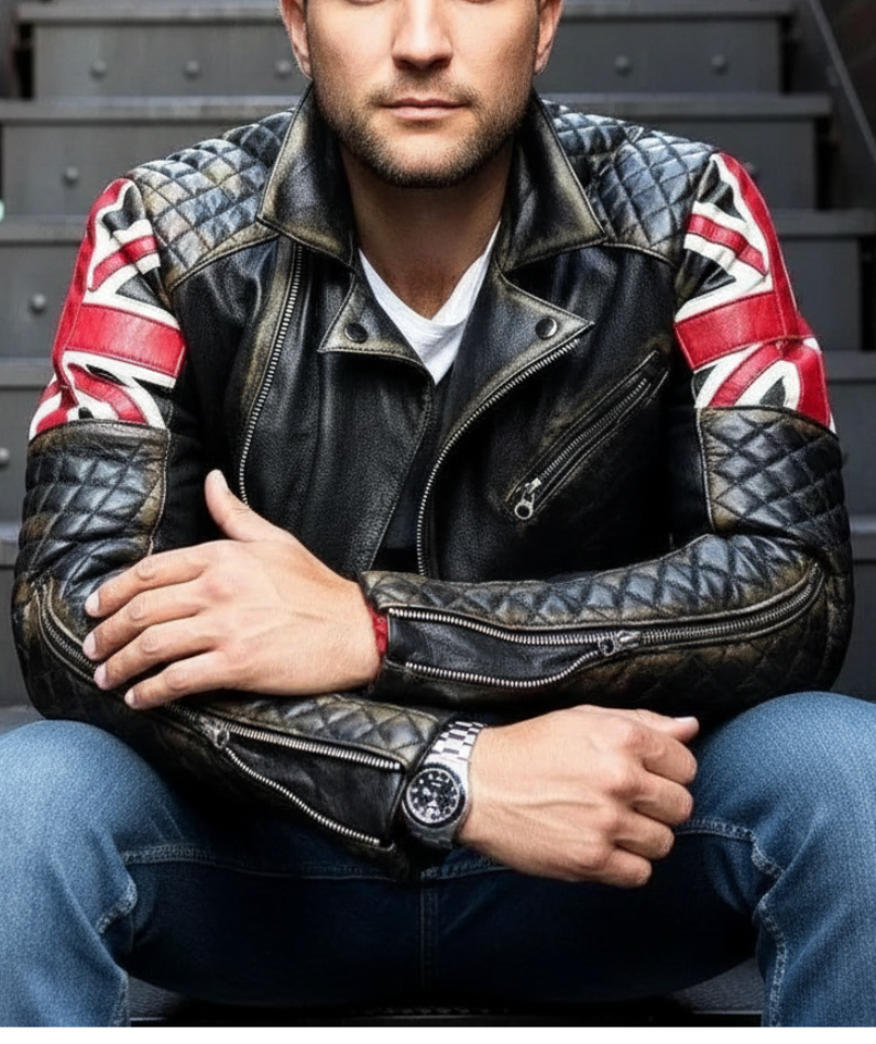 Men's British Flag Leather Motorcycle Jacket