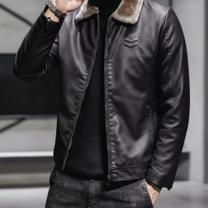 Men's Genuine Leather Jacket with Faux Fur Collar