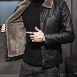 Men's Genuine Leather Jacket with Faux Fur Collar