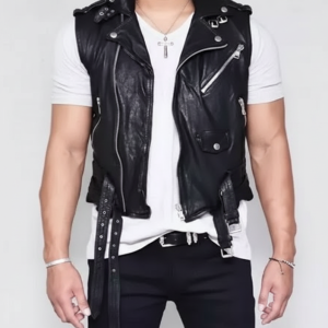Men's Real Black Leather Motorcycle Vest