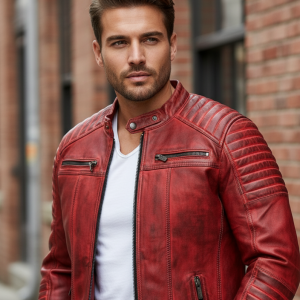 Men's Red Leather Jacket, Cafe Racer Slim Fit Real Leather Biker Motorcycle Jacket