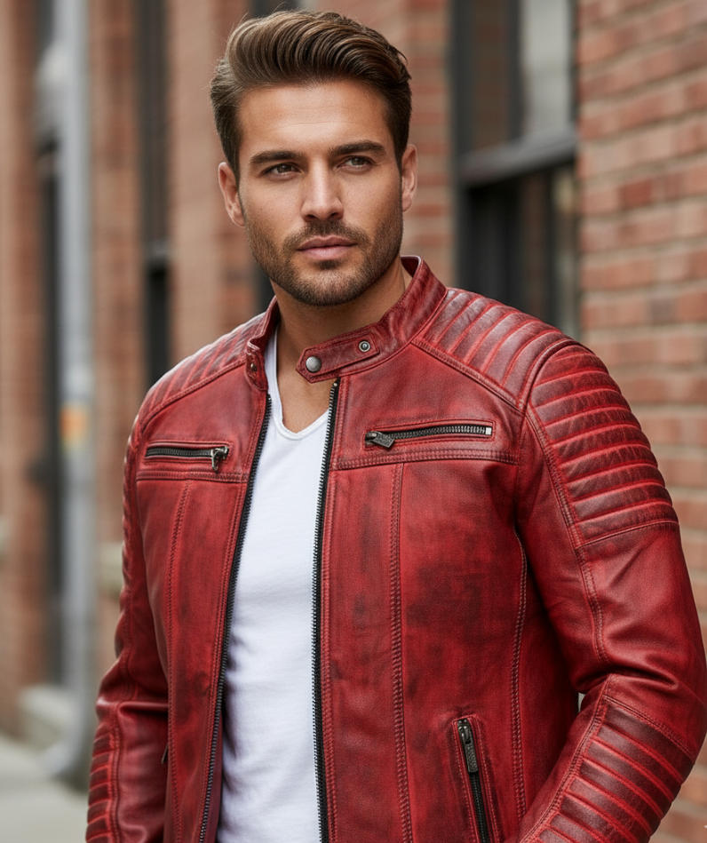 Men's Red Leather Jacket, Cafe Racer Slim Fit Real Leather Biker Motorcycle Jacket