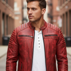 Men's Red Leather Jacket, Cafe Racer Slim Fit Real Leather Biker Motorcycle Jacket