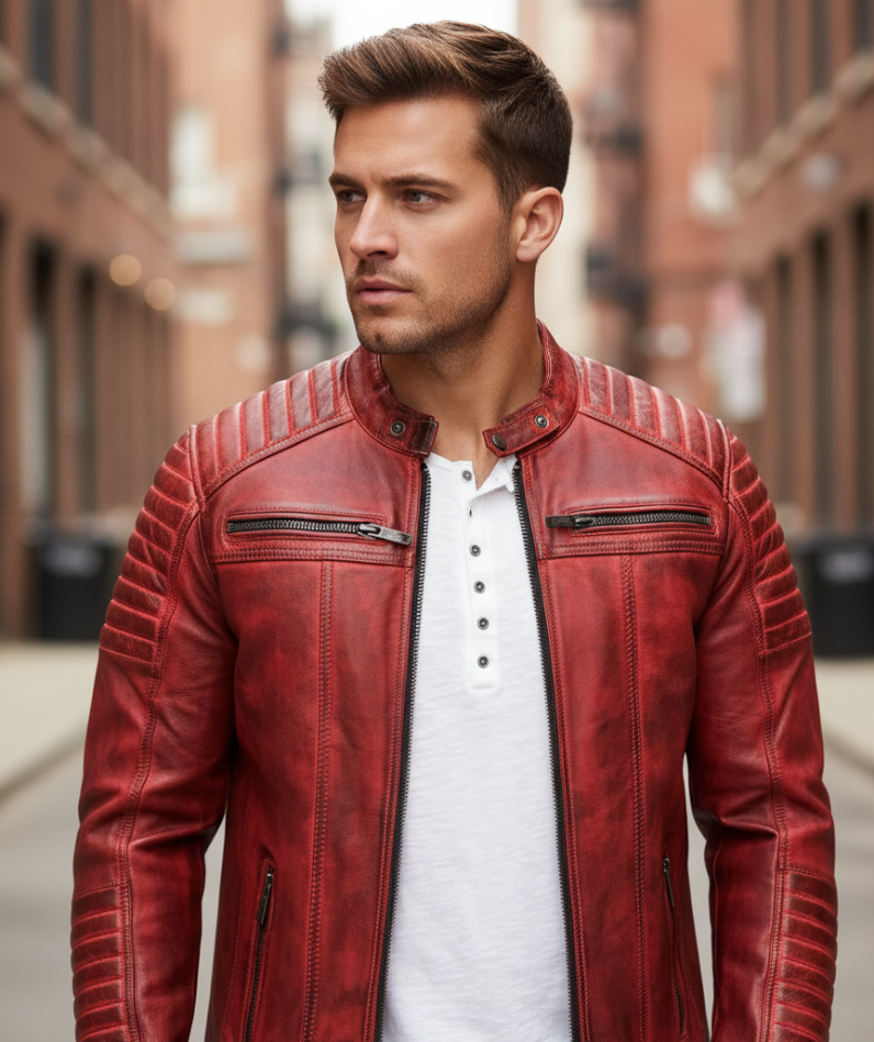 Men's Red Leather Jacket, Cafe Racer Slim Fit Real Leather Biker Motorcycle Jacket - Image 2