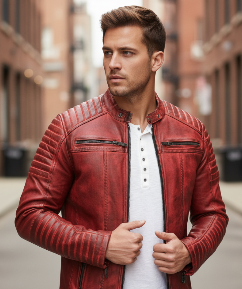 Men's Red Leather Jacket, Cafe Racer Slim Fit Real Leather Biker Motorcycle Jacket - Image 3