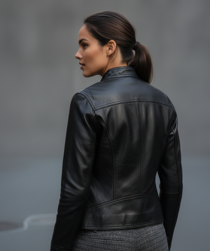 Women's Black Real Cowhide Biker Jacket - Image 2