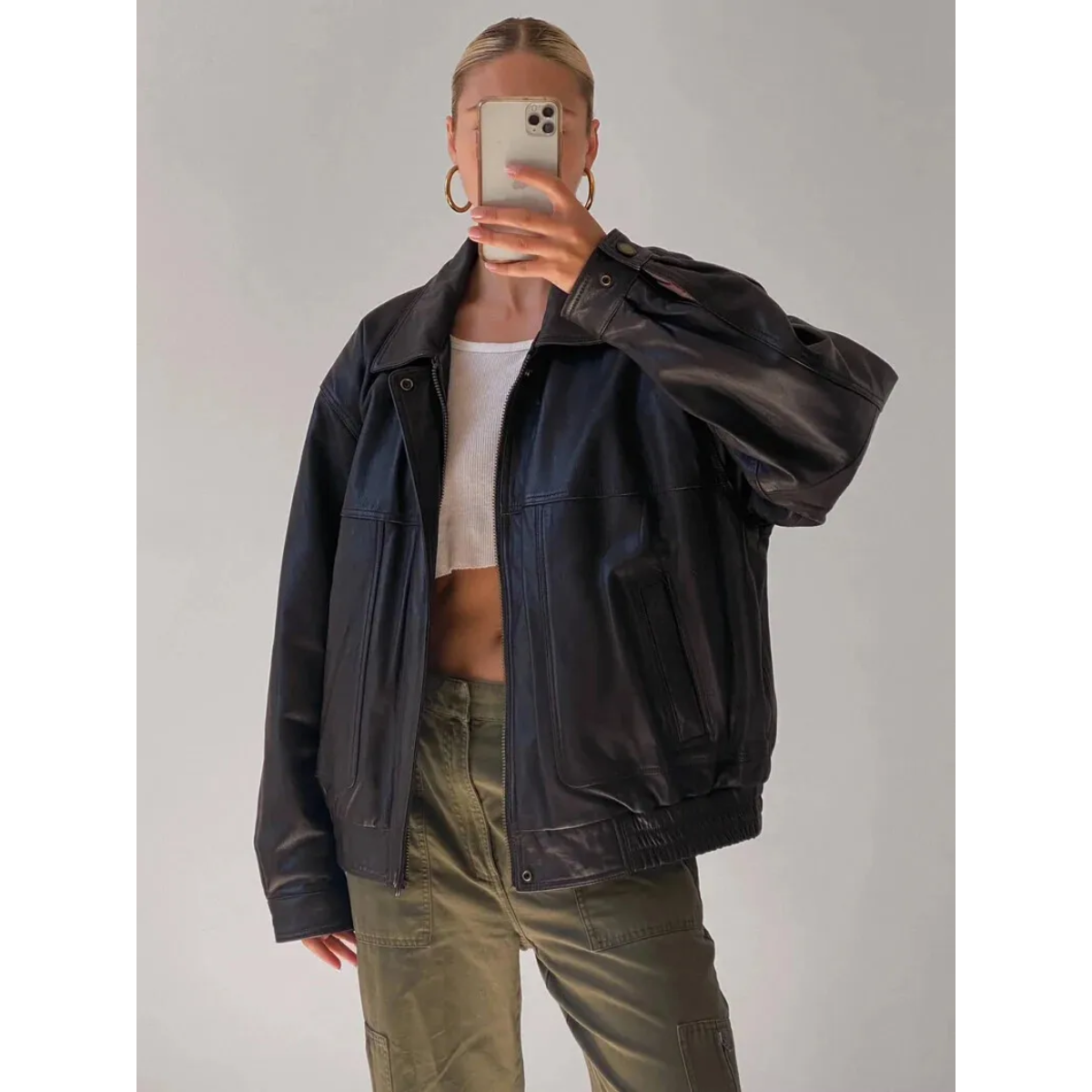90's Oversized Bomber Jacket Retro Vintage Classic Leather Jacket