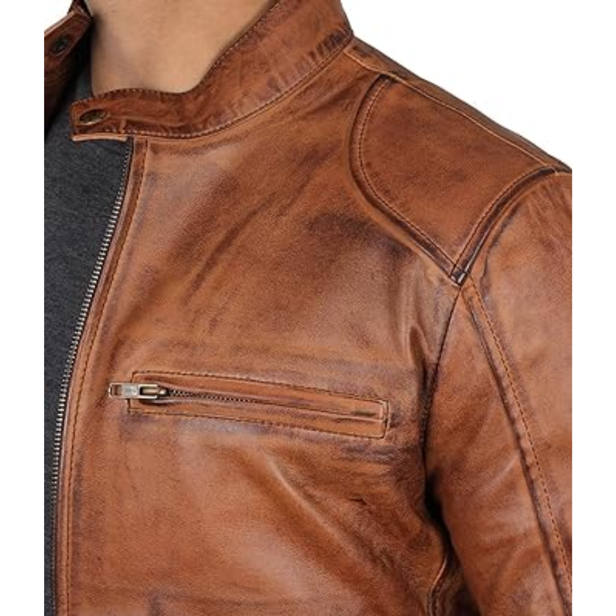 Antique Motorcycle Brown Real Cowhide Biker Jacket For Men's - Image 4