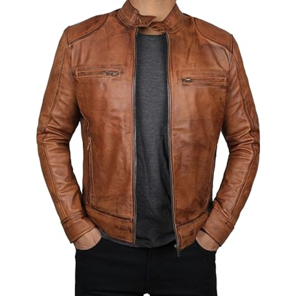 Antique Motorcycle Brown Real Cowhide Biker Jacket For Men's