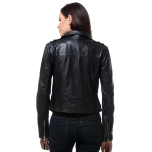 BLACK FULL SLEEVES LEATHER JACKET WITH ZIPPER POCKET ADJUSTABLE WAIST BELT FOR LADIES BY BRUNE & BARESKIN