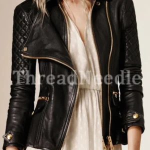 Black Women's Quilted Slim Fit Biker Style Moto Real Leather Jacket
