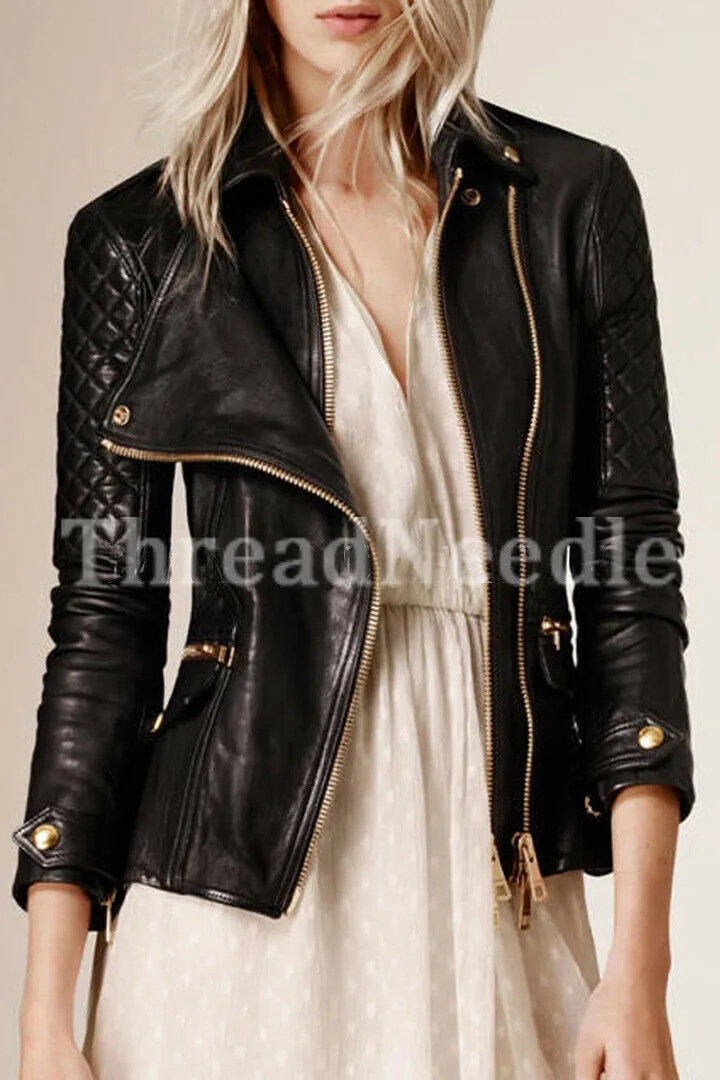 Black Women's Quilted Slim Fit Biker Style Moto Real Leather Jacket