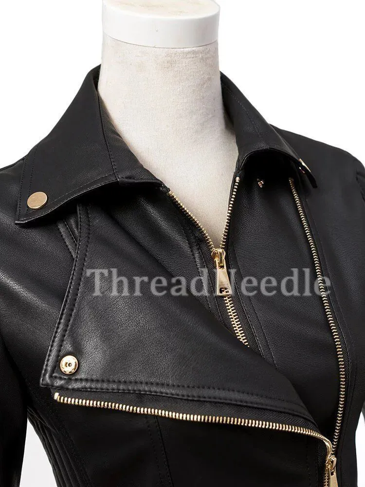 Black Women's Quilted Slim Fit Biker Style Moto Real Leather Jacket - Image 3