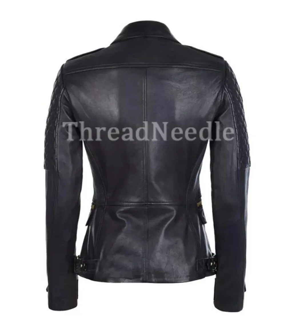 Black Women's Quilted Slim Fit Biker Style Moto Real Leather Jacket - Image 2