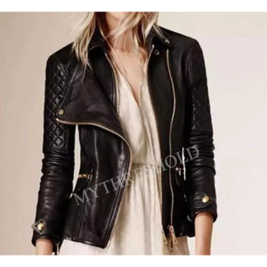 Black Women's Slim Fit Biker Diamond Quilted PU Leather Jacket