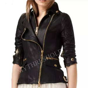 Black Women's Slim Fit Biker Diamond Quilted PU Leather Jacket