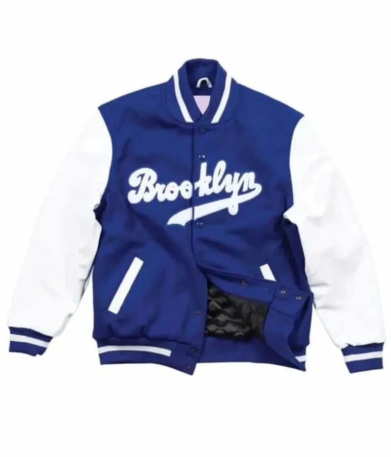 Brooklyn Dodgers Blue Wool Genuine Leather Sleeves Varsity Women Bomber Jacket - Image 2