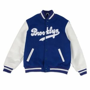 Brooklyn Dodgers Blue Wool Genuine Leather Sleeves Varsity Women Bomber Jacket