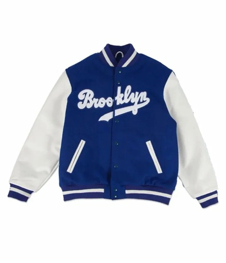 Brooklyn Dodgers Blue Wool Genuine Leather Sleeves Varsity Women Bomber Jacket