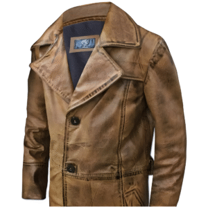 Brown Trench Coat, Distressed Leather, Vintage Style, Below Knee Long Coat