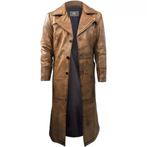 Brown Trench Coat, Distressed Leather, Vintage Style, Below Knee Long Coat