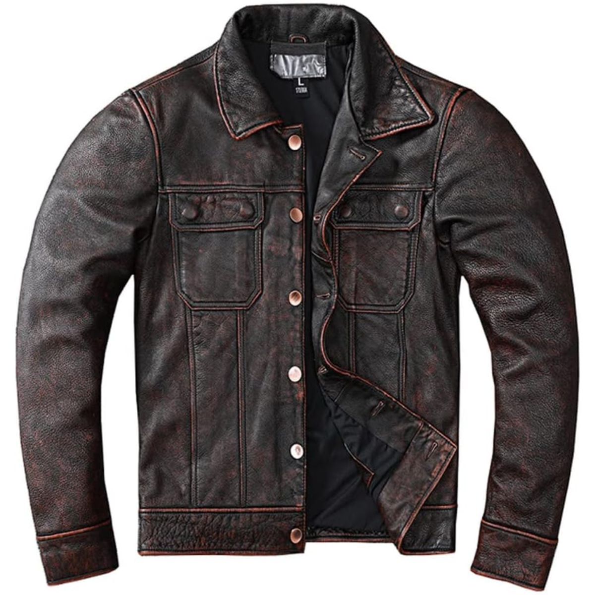 Brown Utility Style Denim Jacket Leather Jacket Coat Men Clothes