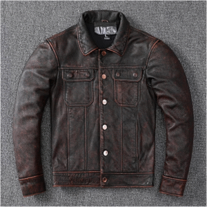 Brown Utility Style Denim Jacket Leather Jacket Coat Men Clothes