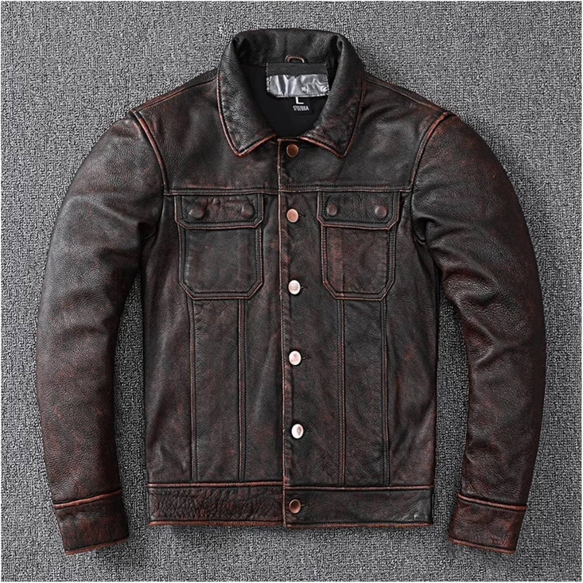 Brown Utility Style Denim Jacket Leather Jacket Coat Men Clothes - Image 2