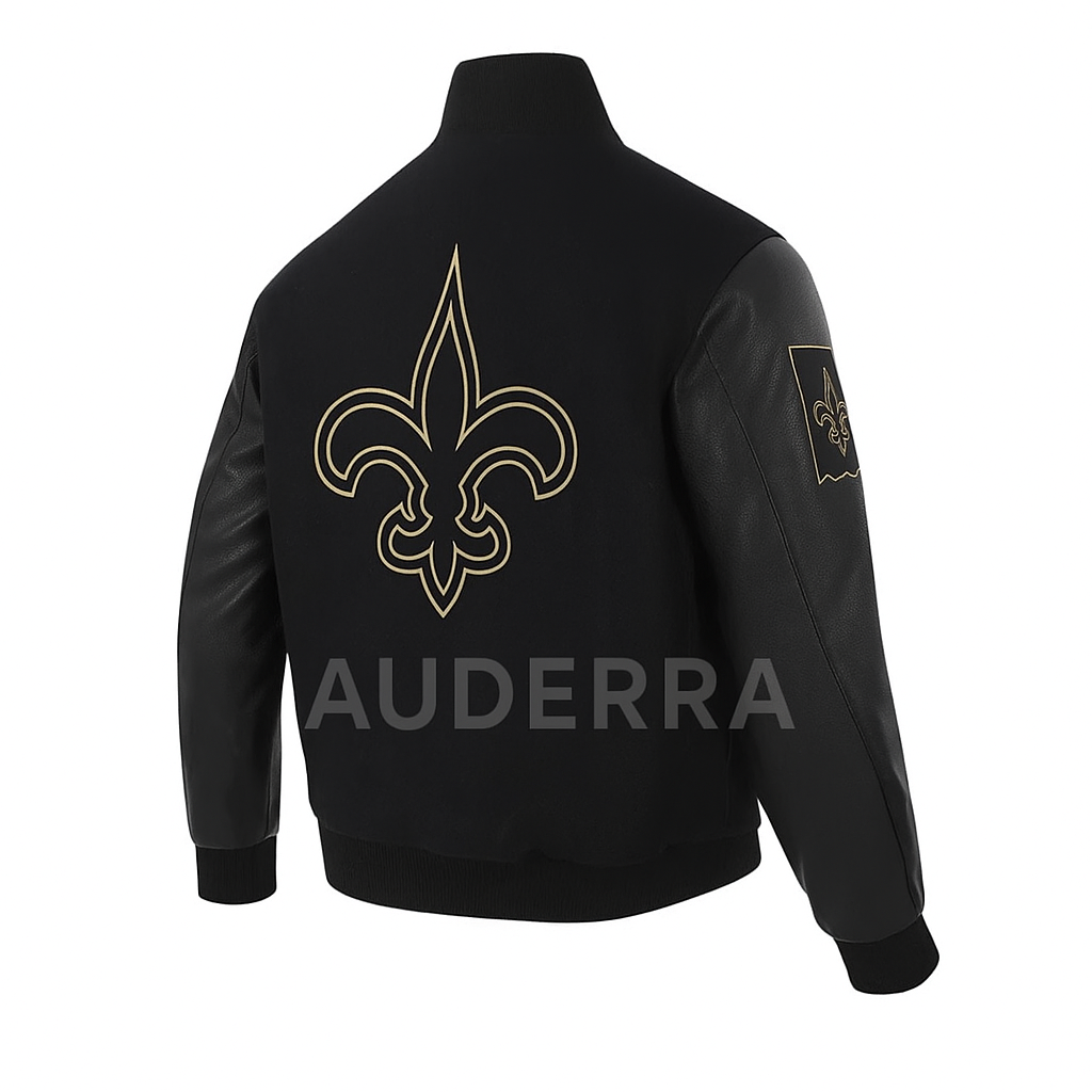 New Orleans Saints Black Wool Genuine Leather Sleeves Varsity Letterman Jacket - Image 3