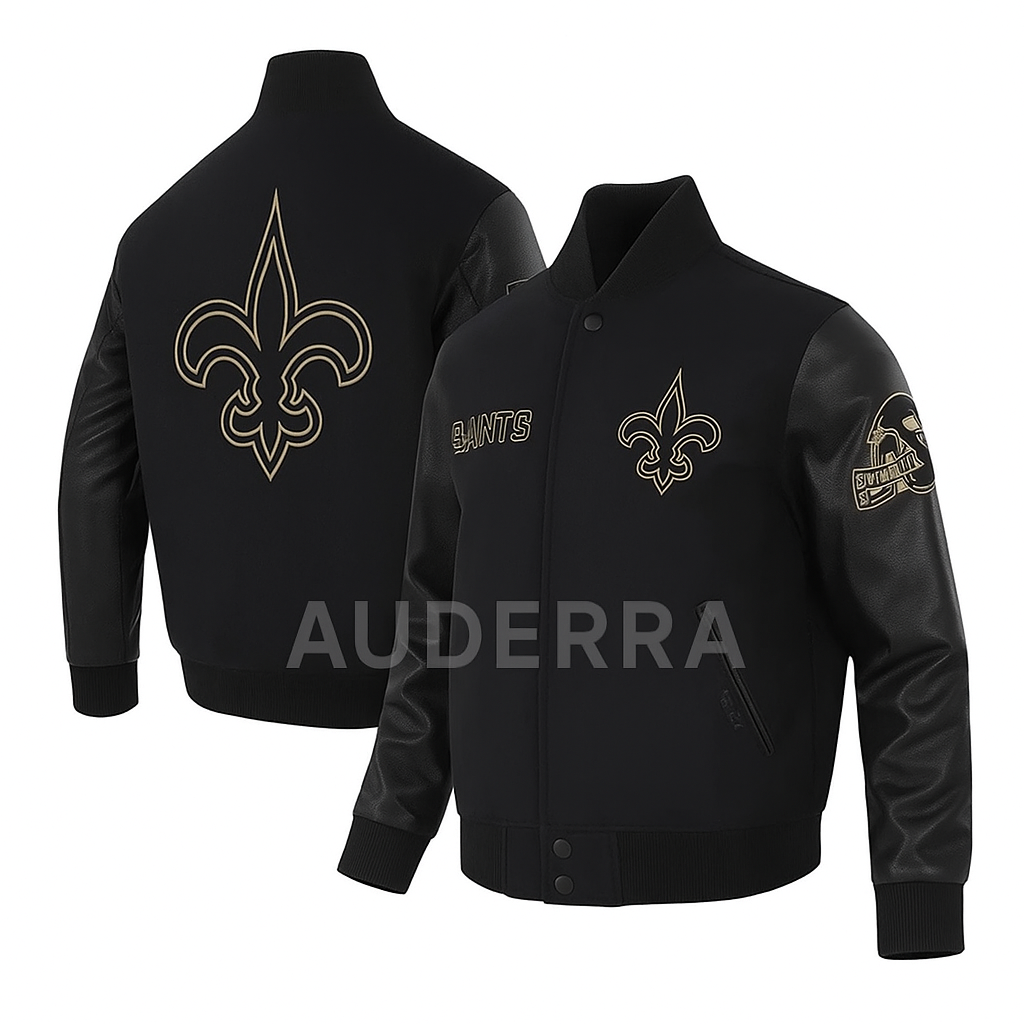 New Orleans Saints Black Wool Genuine Leather Sleeves Varsity Letterman Jacket - Image 4