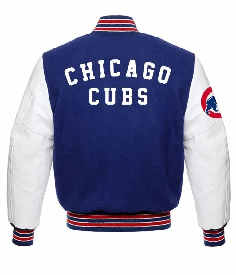 Chicago Cubs Blue Wool & White Genuine Leather Sleeves Varsity Letterman Jacket - Image 3