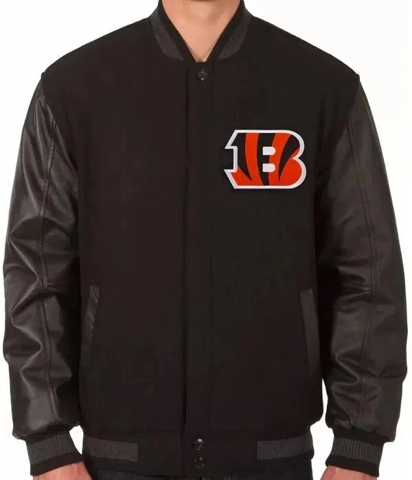 Cincinnati Bengals Black Wool and Genuine Leather Sleeves Varsity Men's Jacket - Image 2
