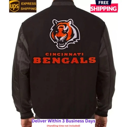 Cincinnati Bengals Black Wool and Genuine Leather Sleeves Varsity Men's Jacket - Image 3