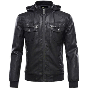 Classic Removable Black Hooded Mens Real Leather Jacket Shirt Look