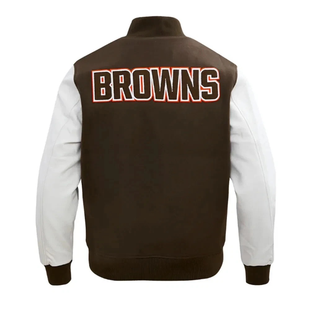 Cleveland Browns Brown Wool Genuine White Leather Varsity Women_s Letterman Jacket - Image 4