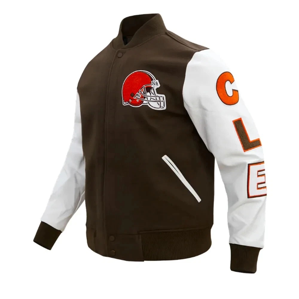 Cleveland Browns Brown Wool Genuine White Leather Varsity Women_s Letterman Jacket - Image 5