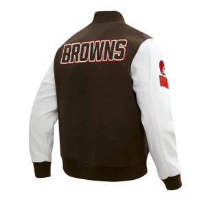 Cleveland Browns Brown Wool Genuine White Leather Varsity Women_s Letterman Jacket