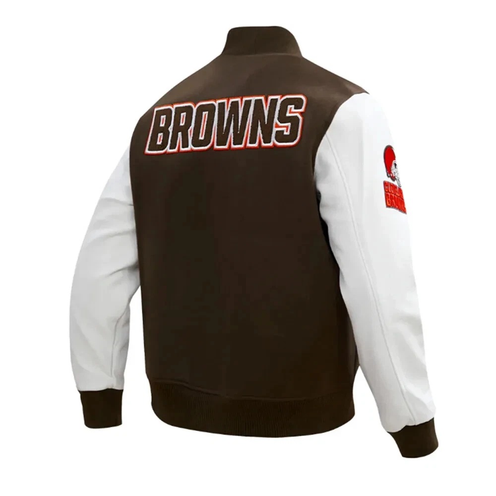 Cleveland Browns Brown Wool Genuine White Leather Varsity Women_s Letterman Jacket - Image 2