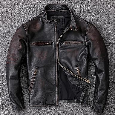 Distressed Men's Leather Jacket Vintage Black 100% Calfskin Coat