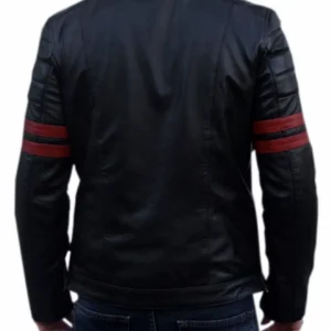 Fashion Style Men's Black Smooth Leather Biker Jacket with Red Striped