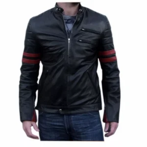 Fashion Style Men's Black Smooth Leather Biker Jacket with Red Striped