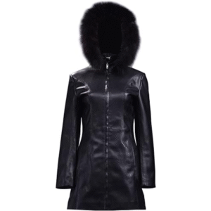 GetYouStyle Stella Black Long Trench Coat Blazar Women Real Leather Removable Fur Hood New Trend
