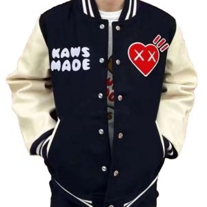 Human Made Kaws Black Wool White Leather Sleeves Varsity Letterman Women's Jacket