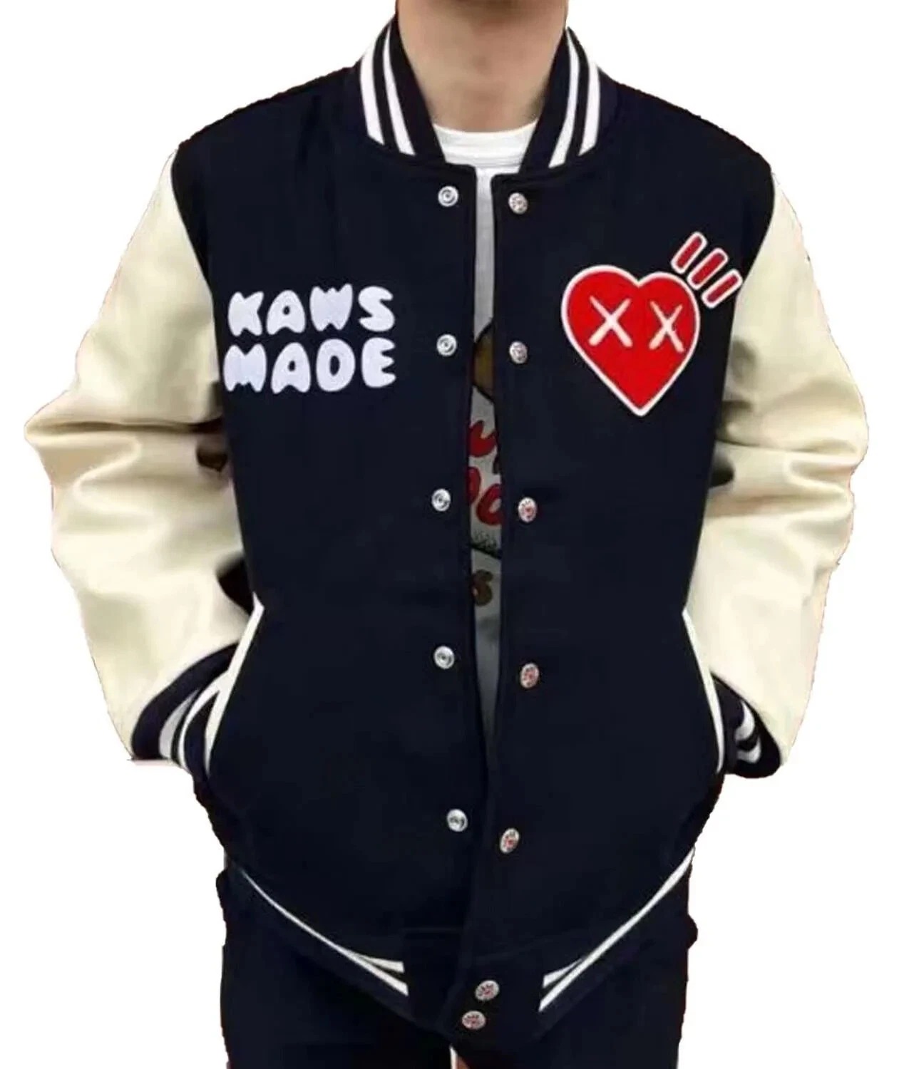 Human Made Kaws Black Wool White Leather Sleeves Varsity Letterman Men's Jacket