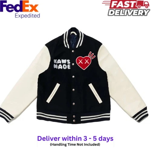Human Made Kaws Black Wool White Leather Sleeves Varsity Letterman Men's Jacket - Image 3