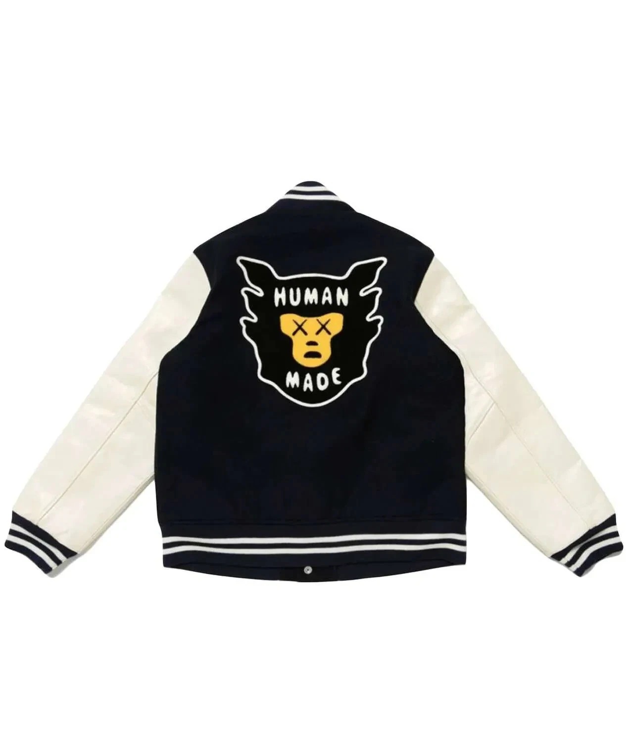 Human Made Kaws Black Wool White Leather Sleeves Varsity Letterman Men's Jacket - Image 4