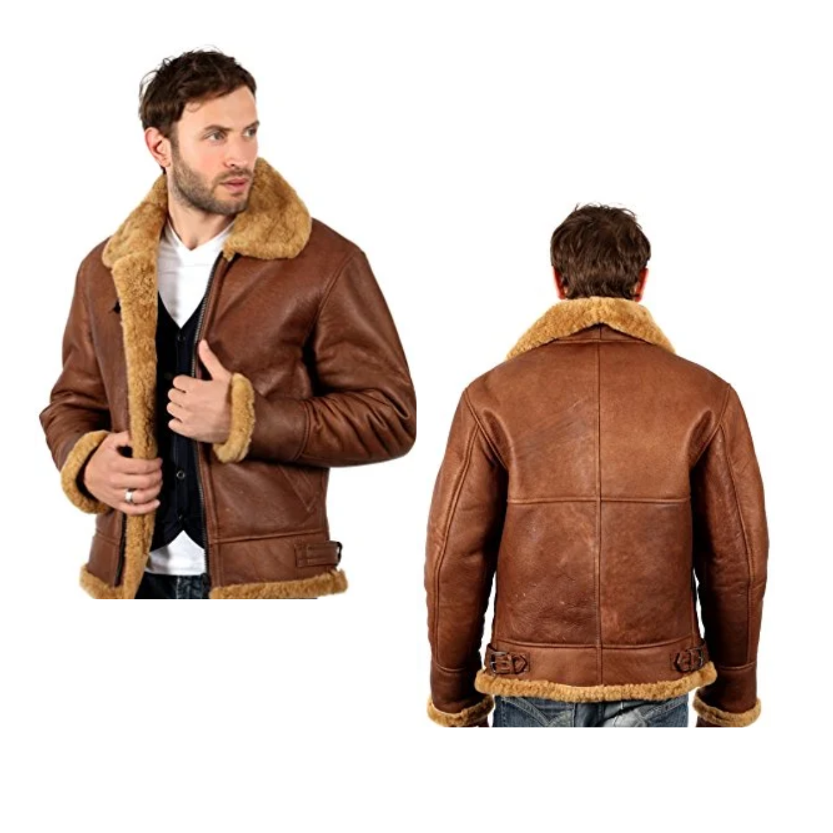 Infinity Men’s Brown B3 Aviator Sheepskin WW2 Bomber Leather Pilot Jacket - Image 4