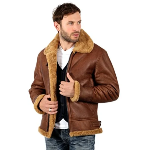 Infinity Men’s Brown B3 Aviator Sheepskin WW2 Bomber Leather Pilot Jacket