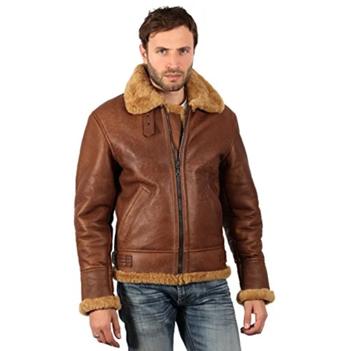 Infinity Men’s Brown B3 Aviator Sheepskin WW2 Bomber Leather Pilot Jacket - Image 3